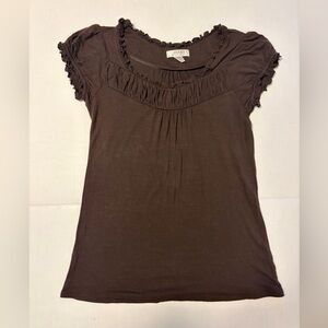 Dark Brown Short Sleeve Ruffled Neck Tee